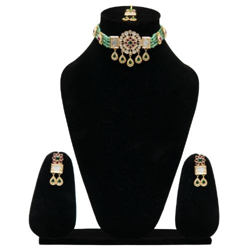 Emerald Kundan Beaded Choker Set with Earrings