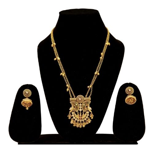 Antique Gold Temple Pendant Necklace Set with Earrings