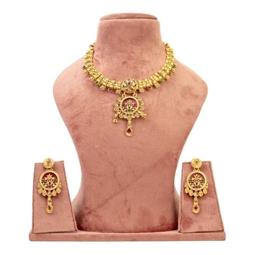 Traditional Gold-Plated Temple Choker Necklace Set with Earrings